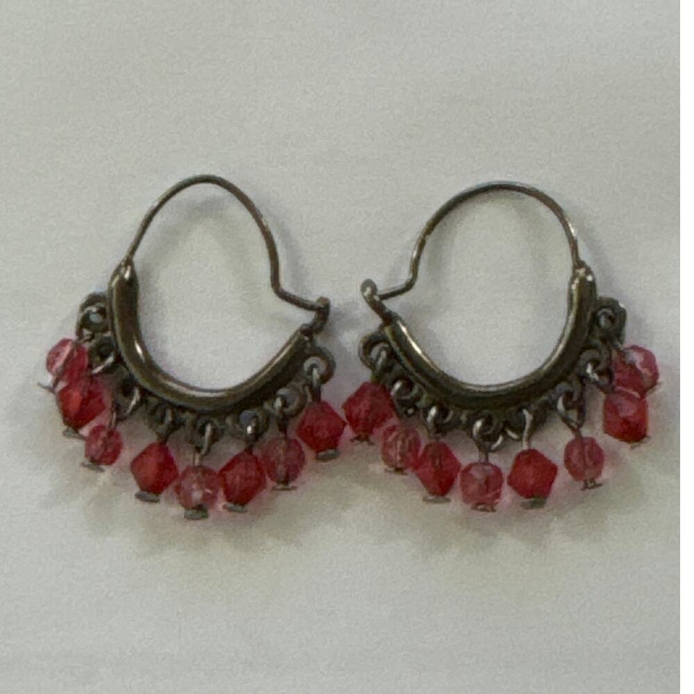Cornelian, Garnet Look Red Pink Stones Dangle 3/4" Hoop Earrings
